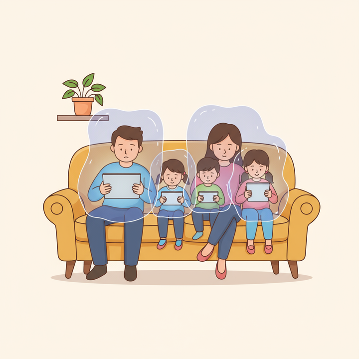 Familie sitzt zusammen, fühlt sich aber getrennt